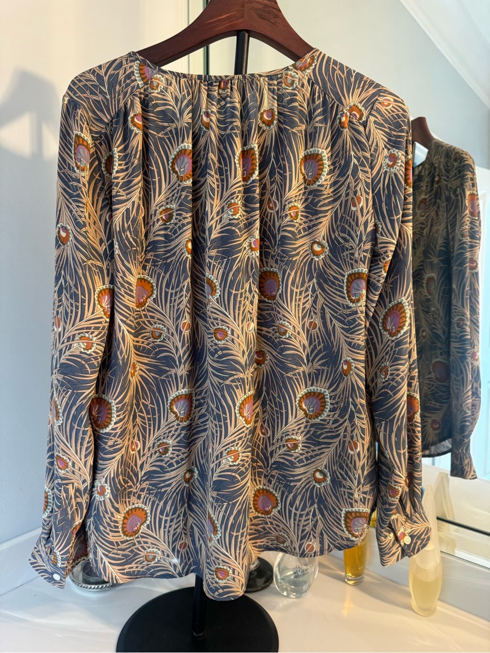 LOFT Gray Floral-Peacock Print Long Sleeve Blouse - Picture 2 of 8